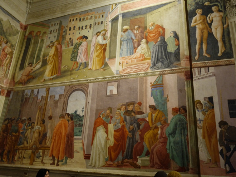 Brancacci Chapel: Filippino Lippi - Preaching of St. Peter with the Healing of the lame man and the raising of Tabitha - Masolino, 1425-7 (top); Disputation with Simon Magus (bottom)
